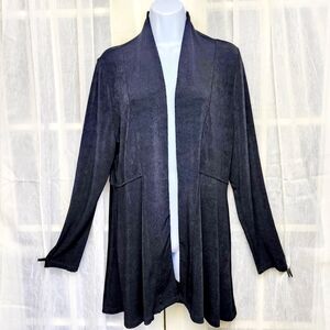 Chicos Travelers 2 Open Front Cardigan Sz L Black Slinky Draped Stretch Casual